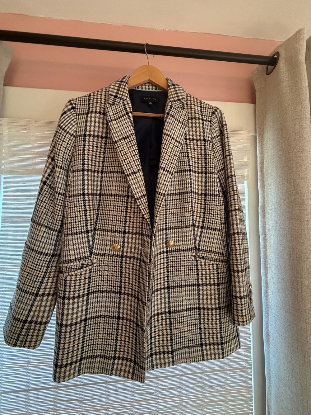 Talbots Houndstooth Plaid Blazer — Gold Crest Buttons, Size 12